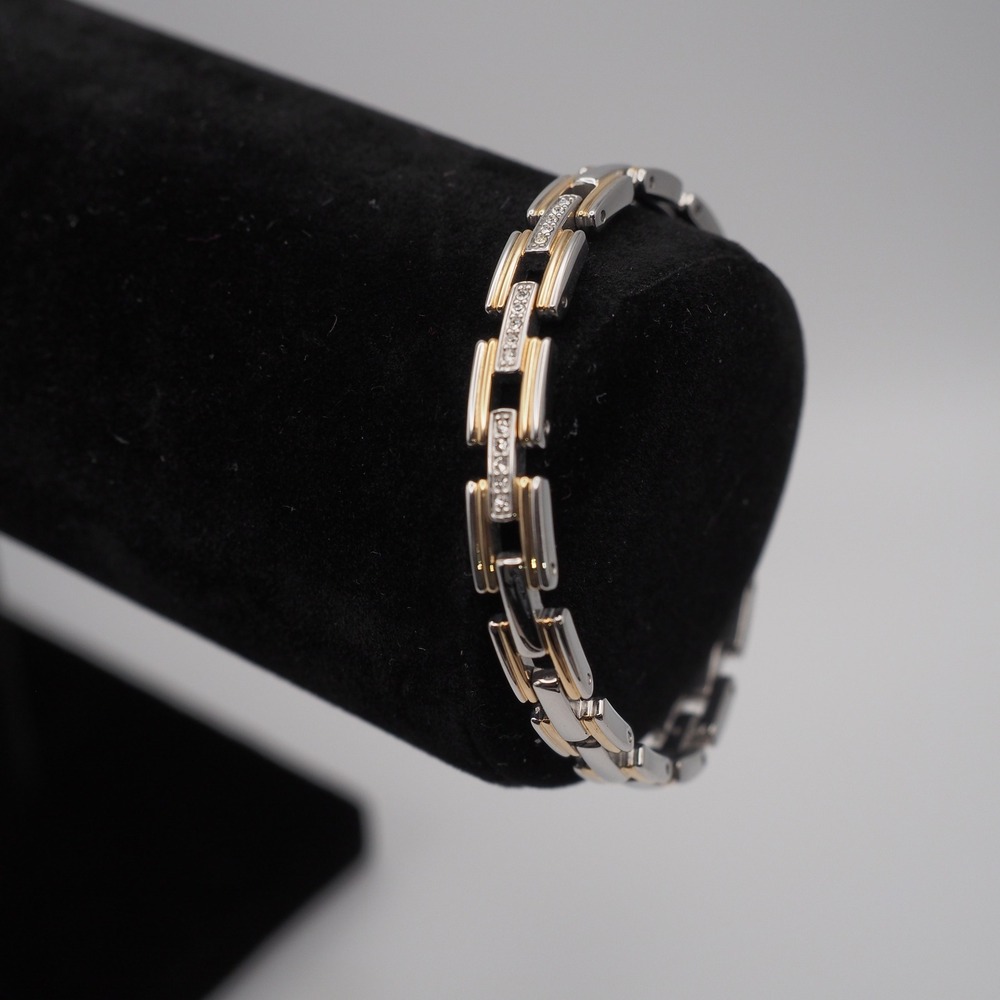 Rhinestone Bracelet 6.5 Inch Gold Silver Two Tone Panther Link Track Stainless
